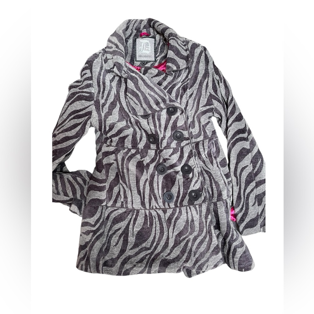 Dollhouse Gray And Purple Zebra Print Women’s Long Pea Coat, L